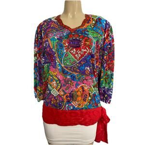 Diane Freis Top Blouse Shirt Georgette 3/4 Sleeve Bow Tie Floral Bead V Neck M